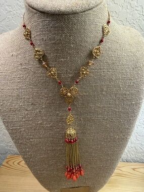 Robert Rose Gold Filigree Heart Lariat Necklace with Coral  Red Accents vintage